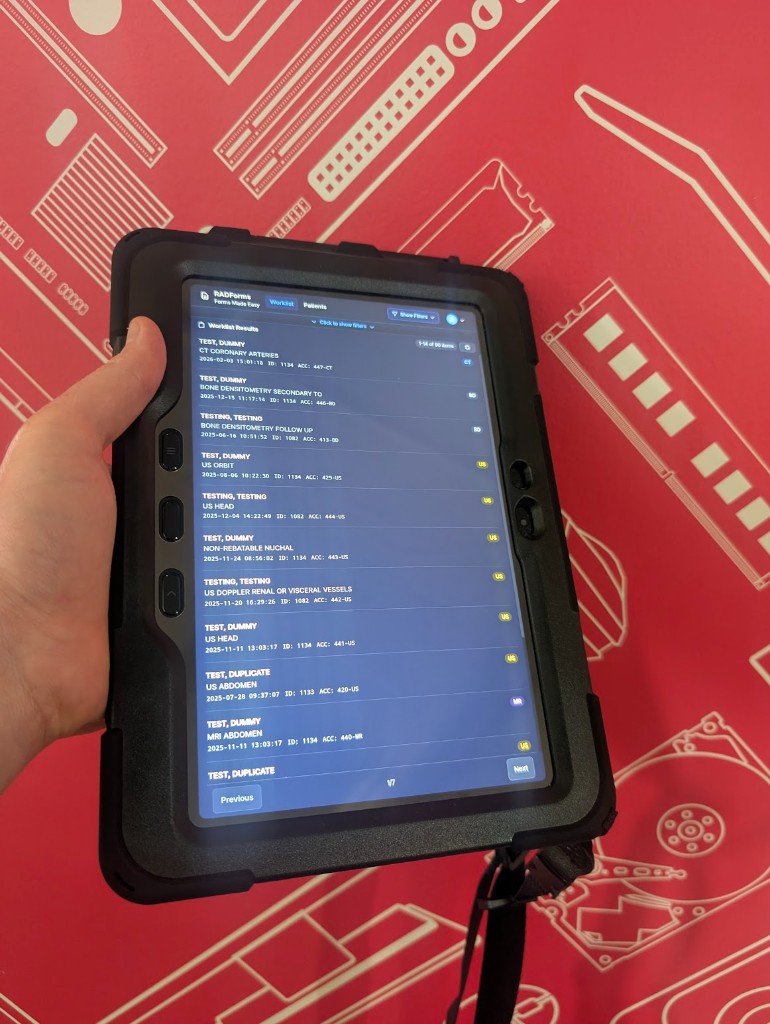 RadForms Modality Worklist on a rugged tablet with CT, ultrasound, MRI, and bone densitometry studies