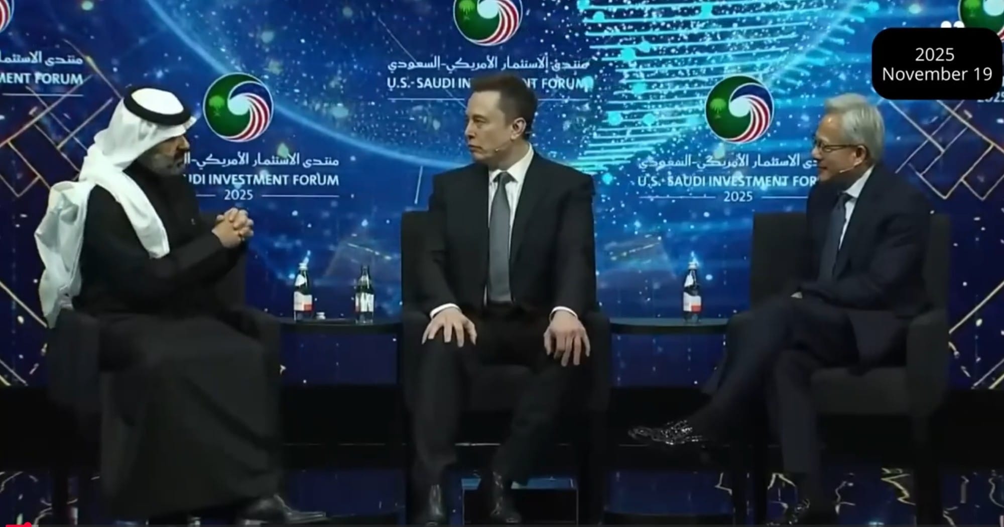 Elon Musk and Jensen Huang on stage at the U.S.-Saudi Investment Forum 2025, where they discussed the future of AI and robotics including its impact on radiology