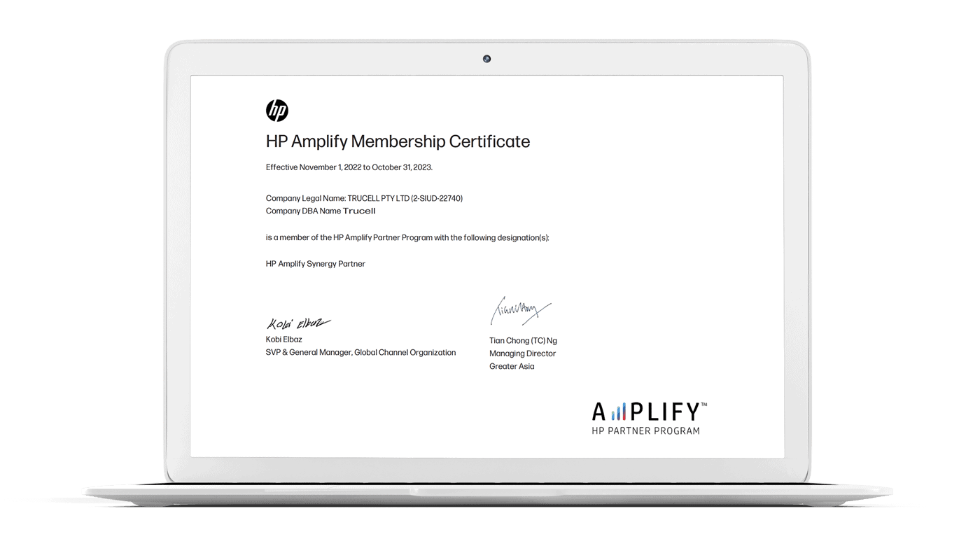 HP Amplify Certificate of Trucell shown on an open laptop.