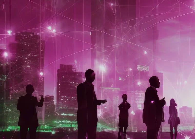 Silhouette of people in business attire with buildings in the background, overlaid with tech lines and digital aura, symbolizing modern people in different career