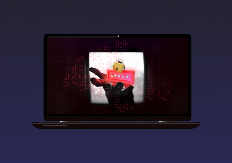 LAPTOP SHOWING silhouette of a guy showing a 3 dimensional locked passcode in the screen